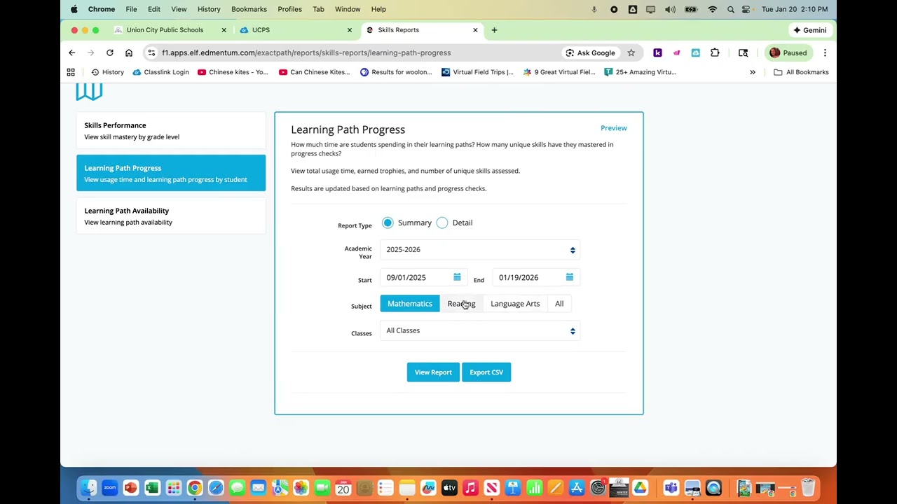 Teachers-Report for Student Time on Task, Learning Path, and Number of Unique Skills Mastered