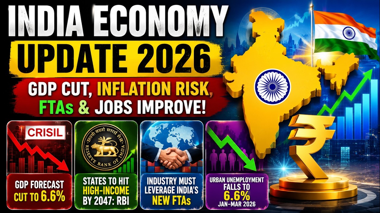 India Economy Update 2026: GDP Forecast Cut, Inflation Warning, FTAs & Falling Unemployment
