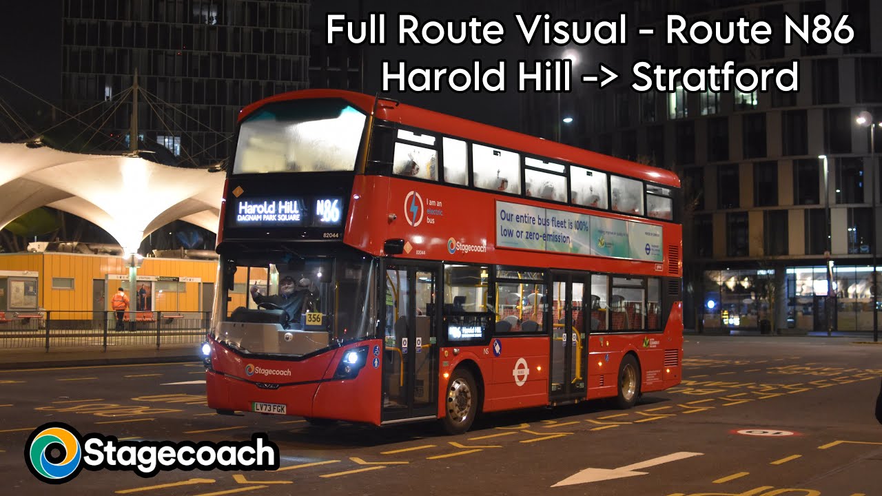 Full-Route Visual | Route N86: Harold Hill → Stratford | Stagecoach London 82044 - LV73FGK.