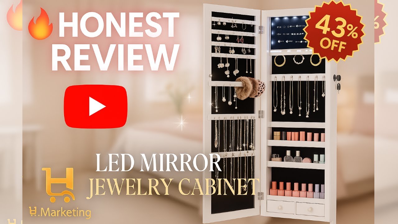 Stylish Mirror Jewelry Cabinet with LED Lights | DUMOS Wall & Door Mounted Organizer | H.Marketing