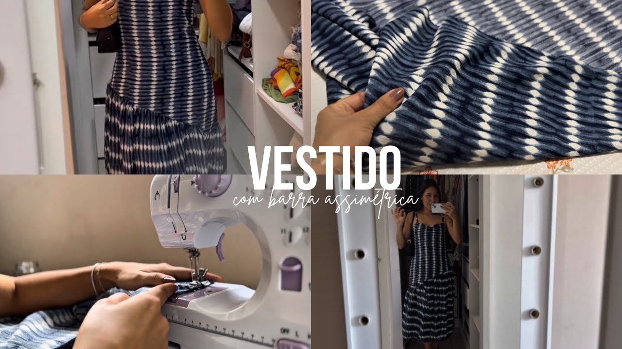Como fazer vestido longo com decote quadrado e barra assimétrica | Na mini máquina | Passo a passo 