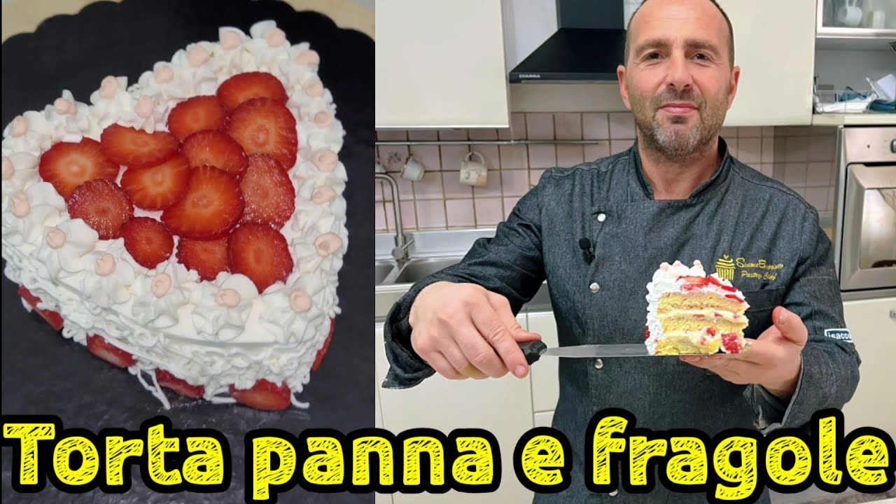 Torta a cuore semplicissima panna e fragole fatta in casa.trucchetto della bagna alle fragole