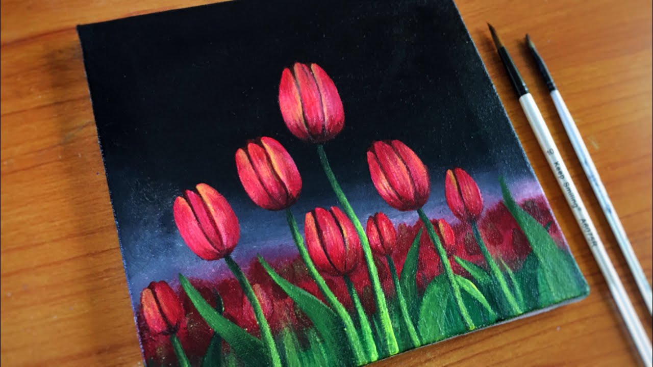 Red Tulips Painting | How to paint Red Tulip Field | Acrylic Painting Tulips | Canvas Painting