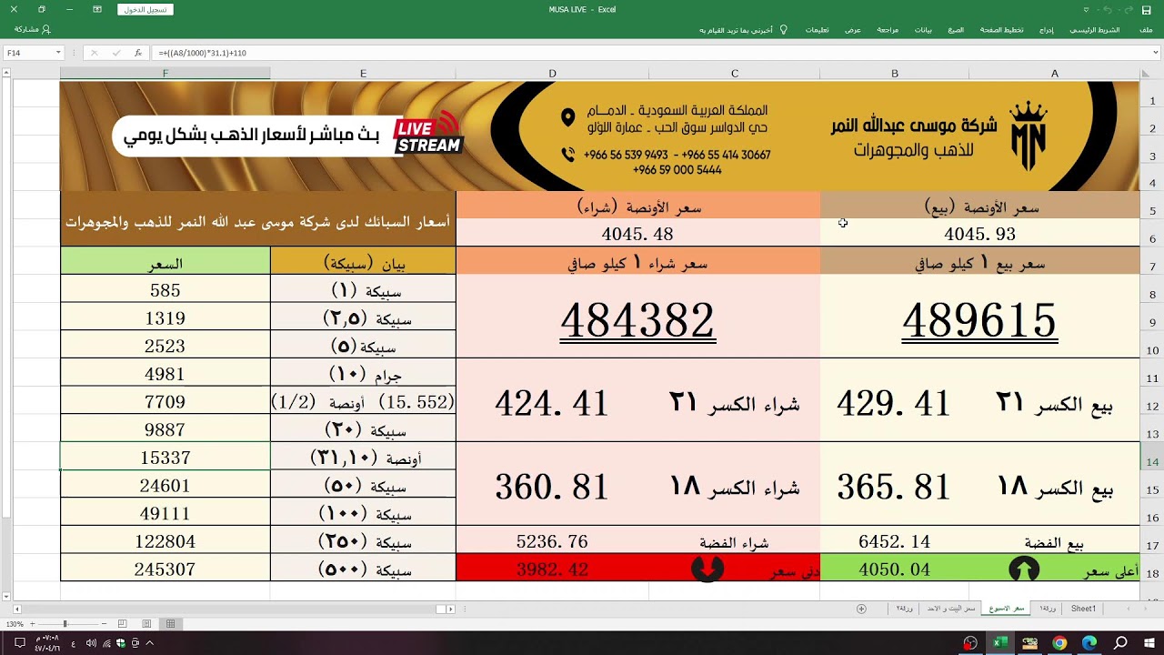 بث مباشر لأسعار الذهب في شركة موسى عبدالله النمر للذهب والمجوهرات