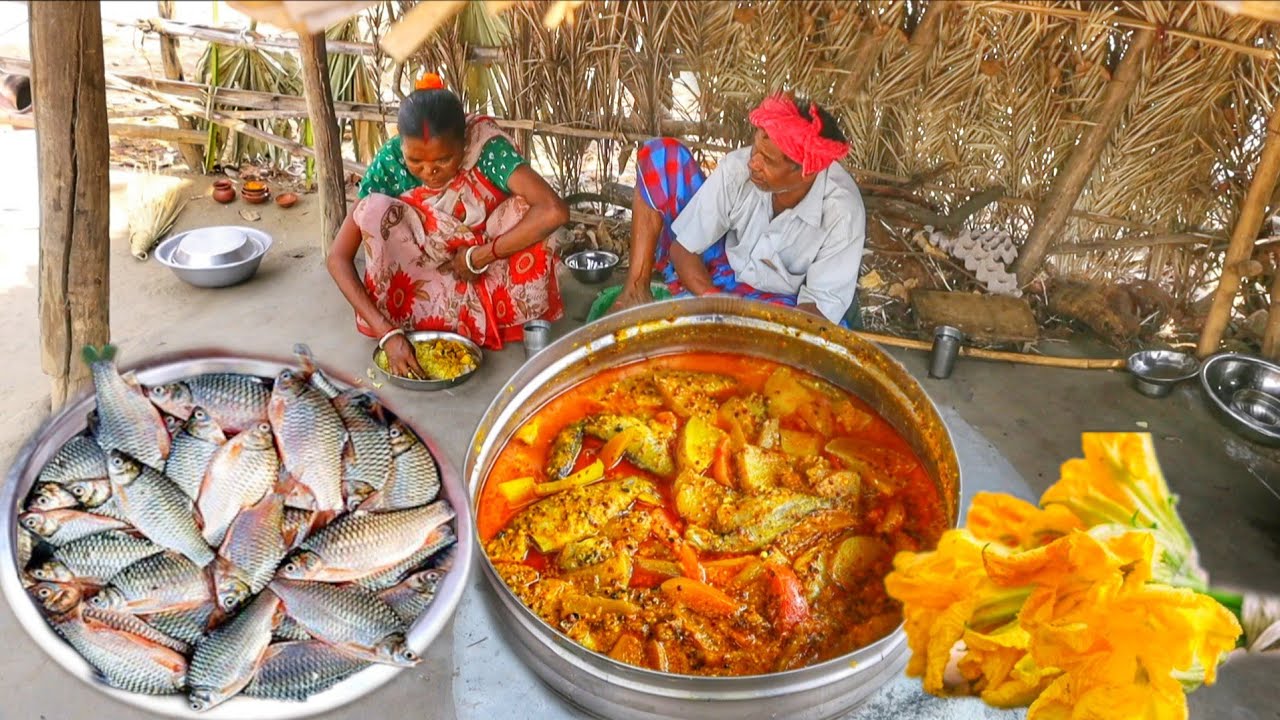 SMALL FISH VAPA CURRY and PUMPKIN FLOWER fry cooking & eating by santali tribe couple