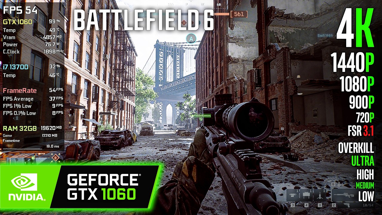 GTX 1060 | Battlefield 6 - 4K, 1440p, 1080p, 900p, 720p, FSR3.1 - Overkill, Ultra, High, Medium, Low