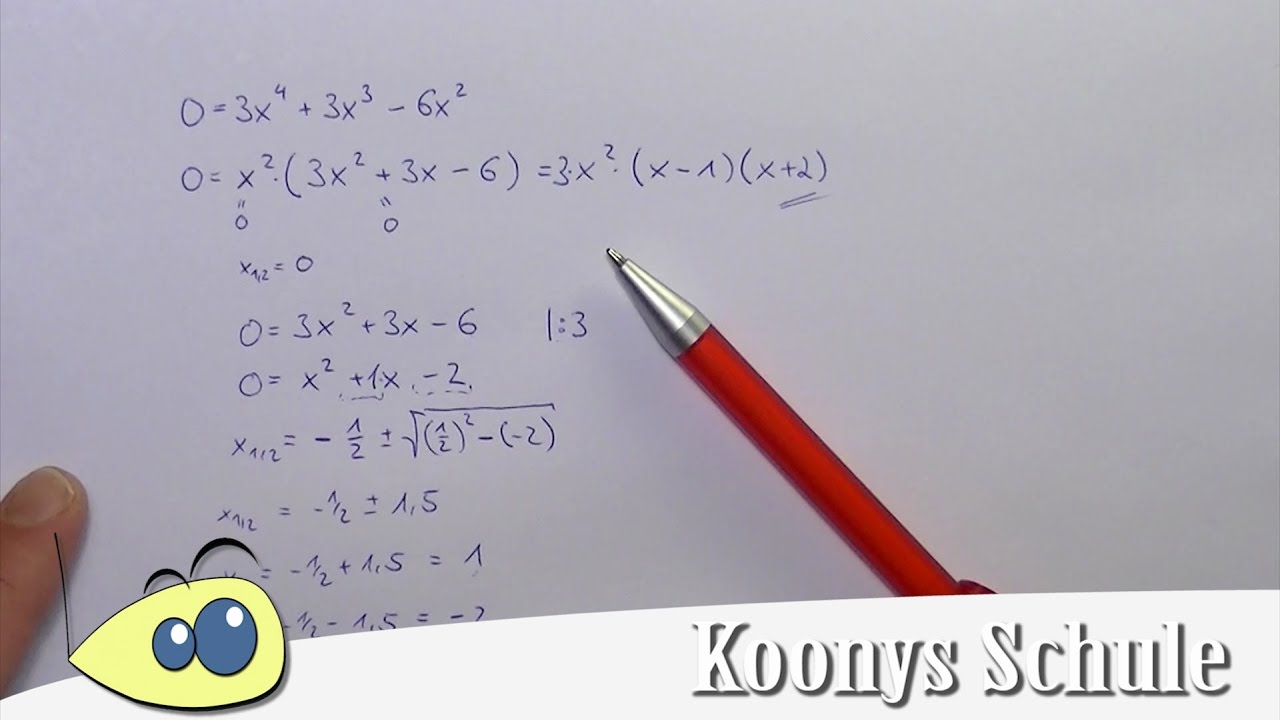 Nullstellen von f(x) = 3x⁴ + 3x³ - 6x² bestimmen, x² ausklammern und pq-Formel anwenden