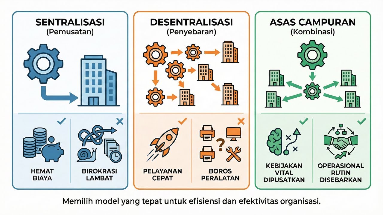 Memahami 3 Asas Manajemen Perkantoran Sentralisasi, Desentralisasi & Campuran | Mana Lebih Efektif?