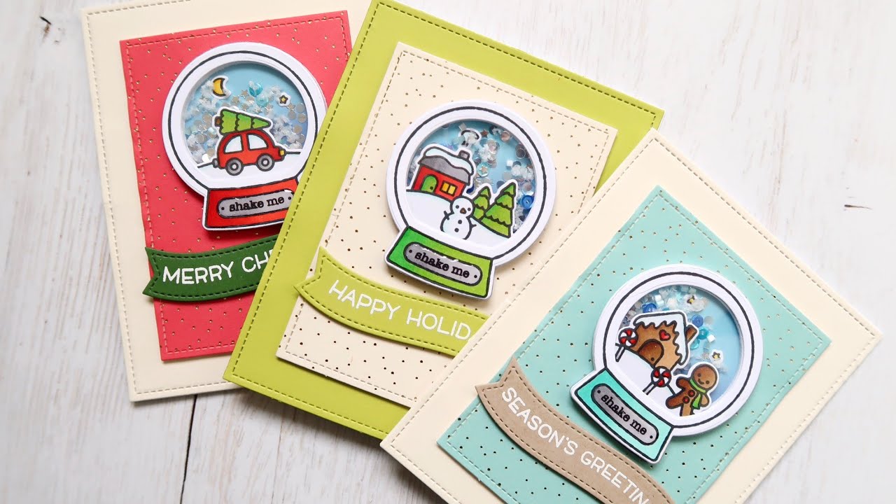 THREE Snow Globe SHAKER CARDS for Christmas feat. Lawn Fawn Snow Globe Scenes