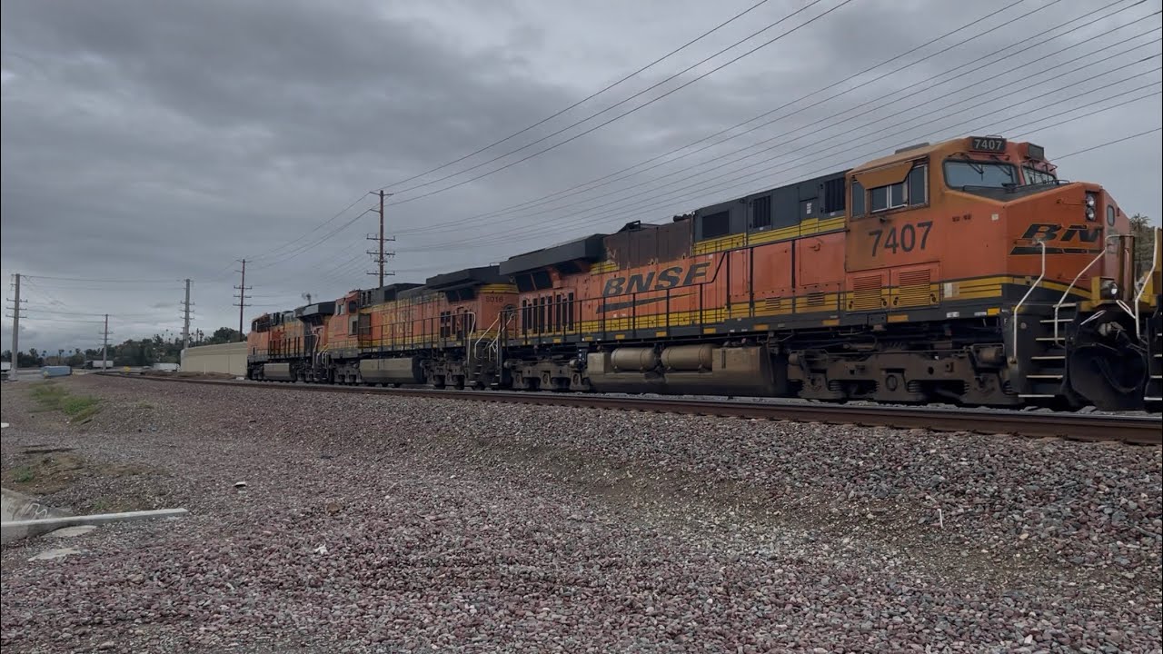 Eastbound BNSF Colorful Stack Train With 2 DPU Helpers At Arlington Near Riverside, CA 