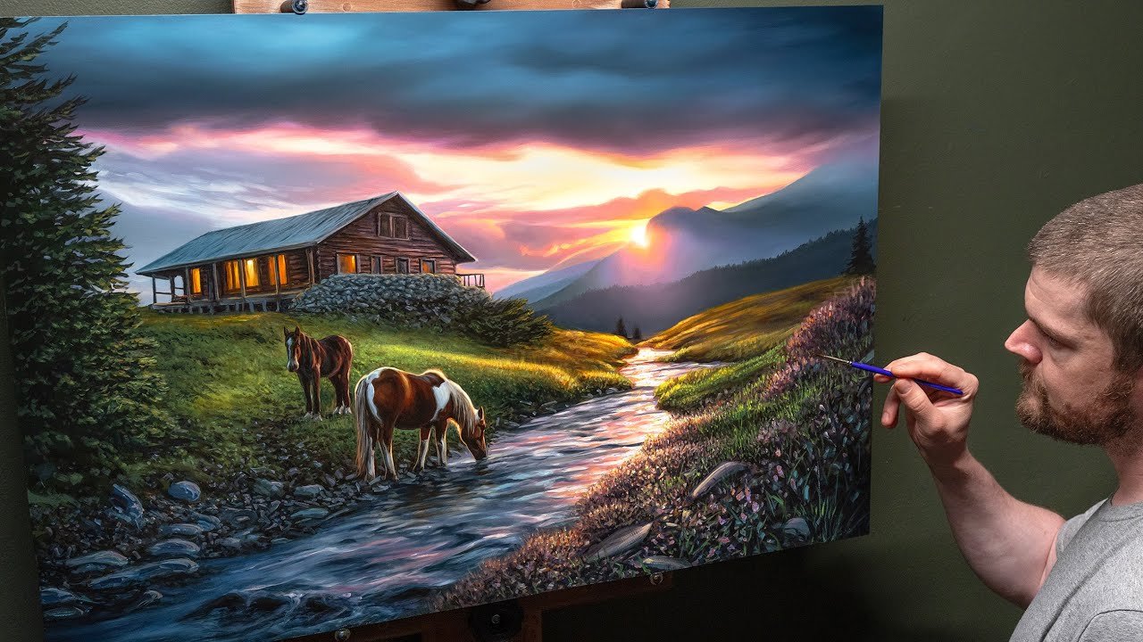 Horse Pasture at Sunset - Landscape Oil Painting