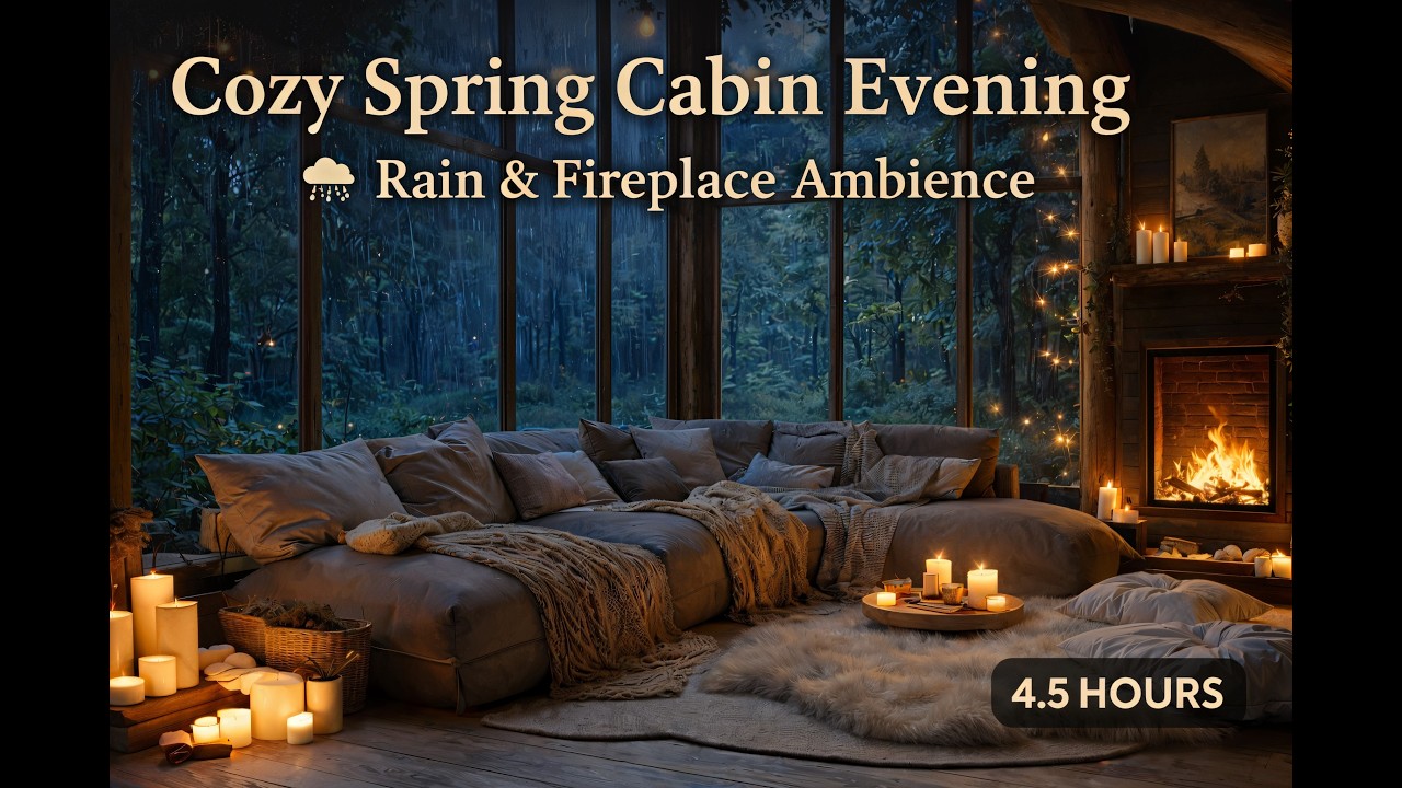 Cozy Spring Cabin Evening 🌧️ Fireplace Ambience for Sleep, Study & Deep Relaxation (4.5 Hours)