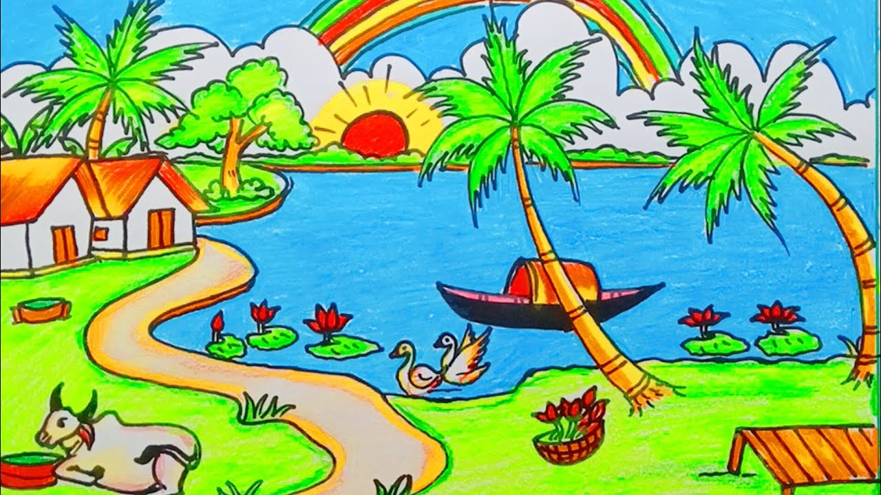 How to draw beautiful village 😍❤সুন্দর গ্রামের দৃশ্য আঁকা 😍❤💓