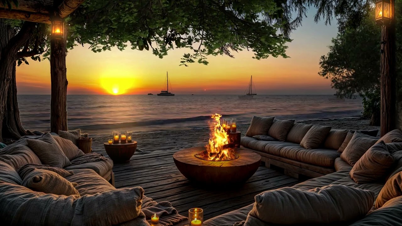 Tranquil Sunset at Sea 🌅🔥 | Soothing Beach Sounds & Fire for Sleep & Relaxation