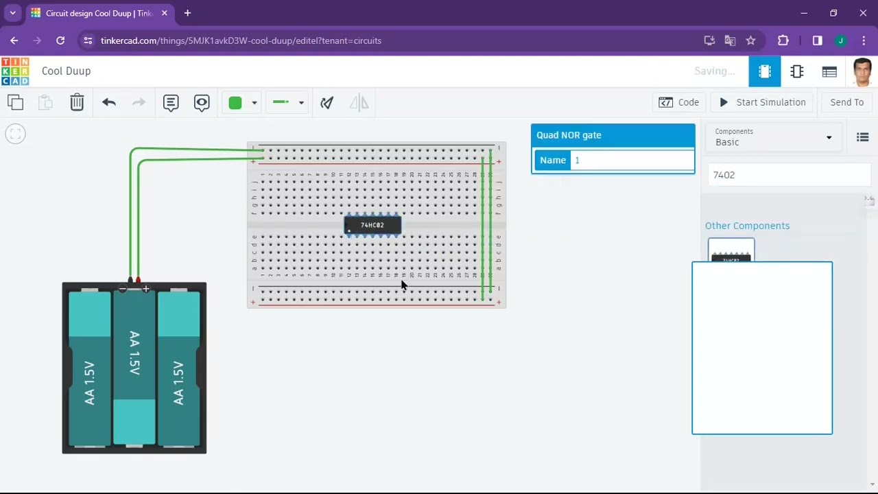 7402 IC (NOR Gate) Simulation using Tinkercad