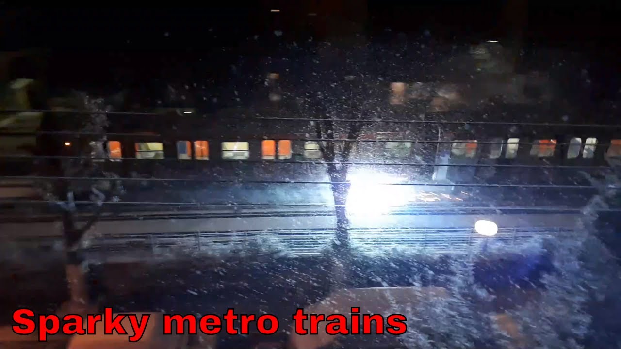 Sparky third rail, Athens Metro line 1 trains during a snowstorm, January 2019