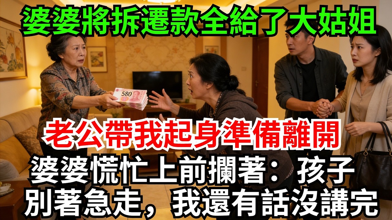 婆婆將580萬拆遷款全給了大姑姐，老公帶我起身準備離開，婆婆慌忙上前攔著：孩子，別著急走，我還有話沒講完#完結故事#情感故事#爽文#婆媳關系#家庭生活#故事頻道#故事分享#情感#正能量#流量#拆遷款
