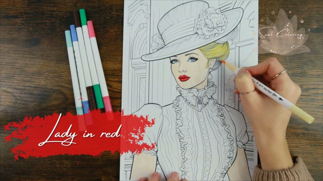 Coloring a Lady in red - adult coloring pages | Soul Coloring 