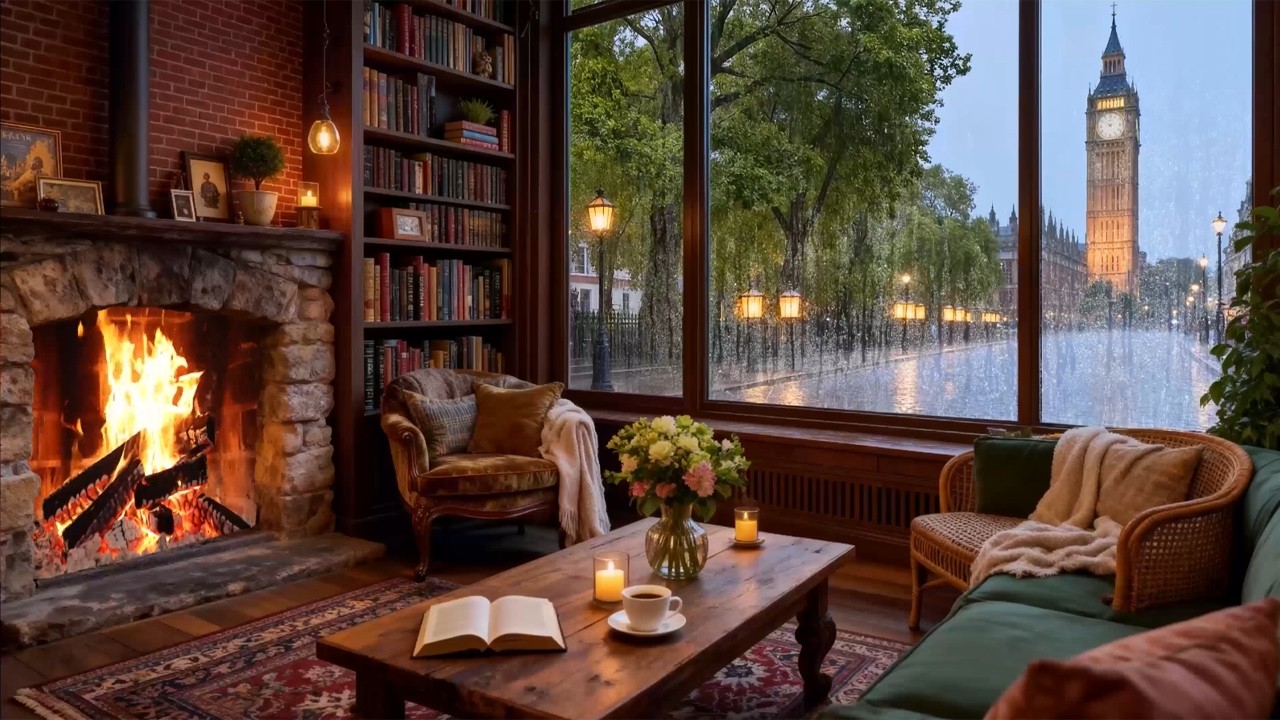 Cozy London Spring Rain Coffee Shop ☕ Soft Jazz Piano & Fireplace Sounds for Work & Relax