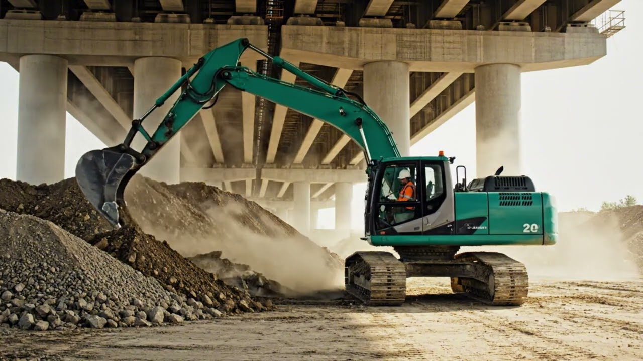 The Green Excavator Operating Near a Small Bridge