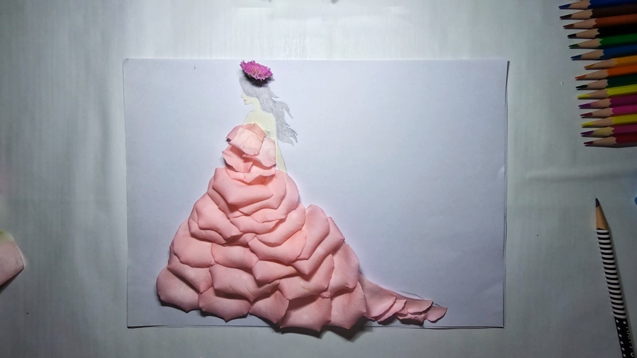 Crafting a pink rose dress over a lady's drawing