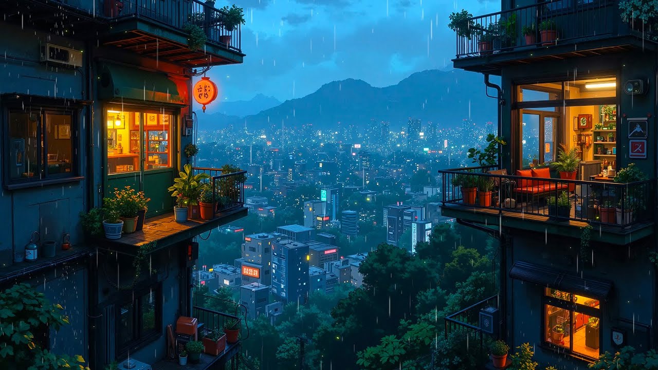 Cozy Balcony Overlooking Urban Rain 🌧️ | Chill Lofi Beats for Study & Unwind in a Peaceful Night