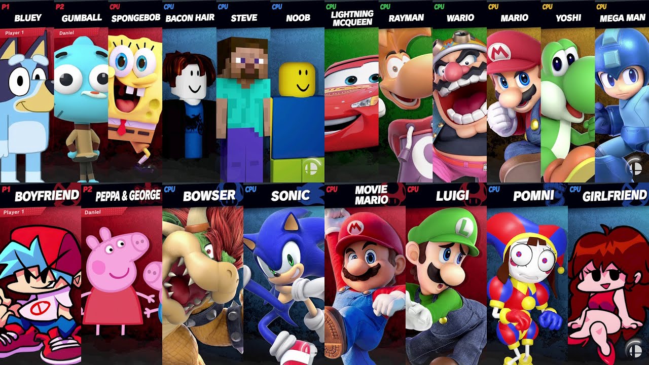 Sonic vs Mario vs Peppa vs Bluey vs SpongeBob vs Roblox vs Minecraft vs Car | Super Smash Bros