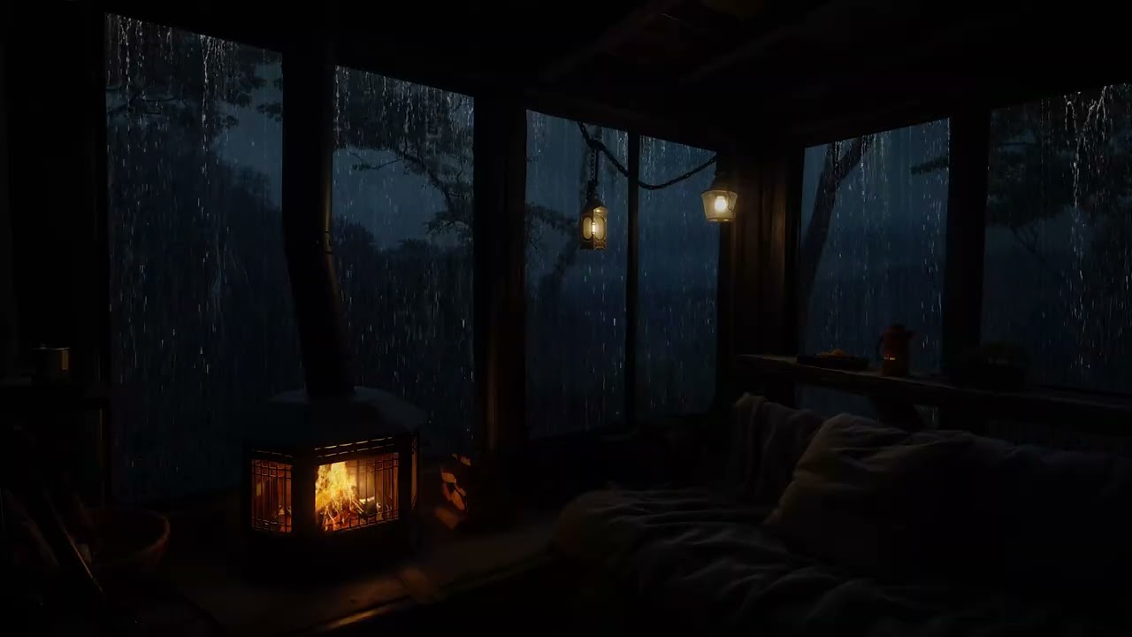 Peaceful Rain Ambience in Cabin Forest with Fireplace and Rain on Cabin Roof