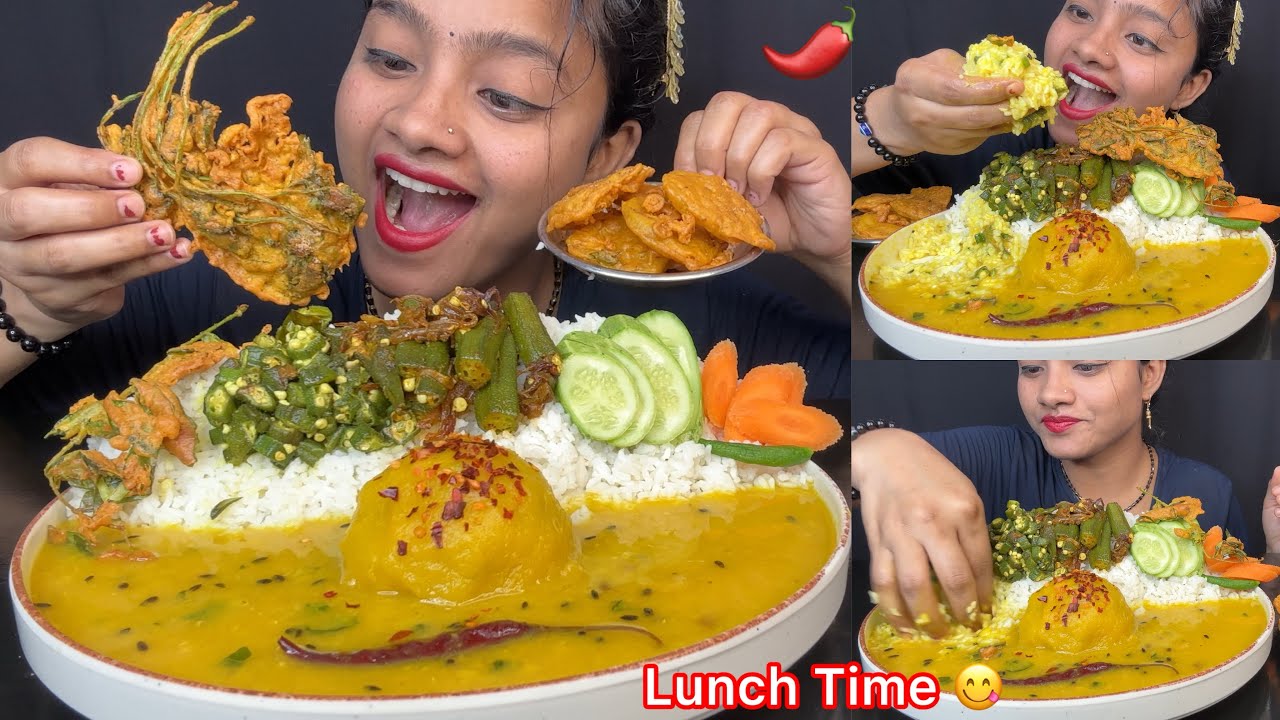 Dal Chawal, Chokha, Bhindi Fry, Pakoda, Achari Bhindi 🤤🔥 Big Bites Eating Show 😋