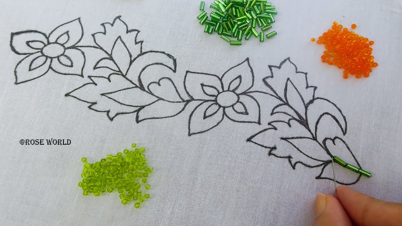 beaded hand embroidery border design for dress, easy beads embroidery tutorial