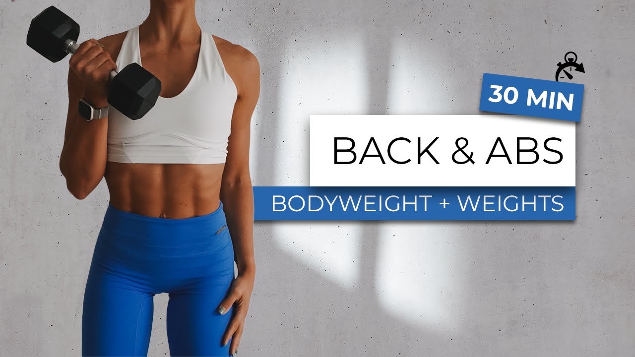 30 MIN BACK & ABS WORKOUT - toned arms, abs and back with dumbbells - no repeat - with warm-up