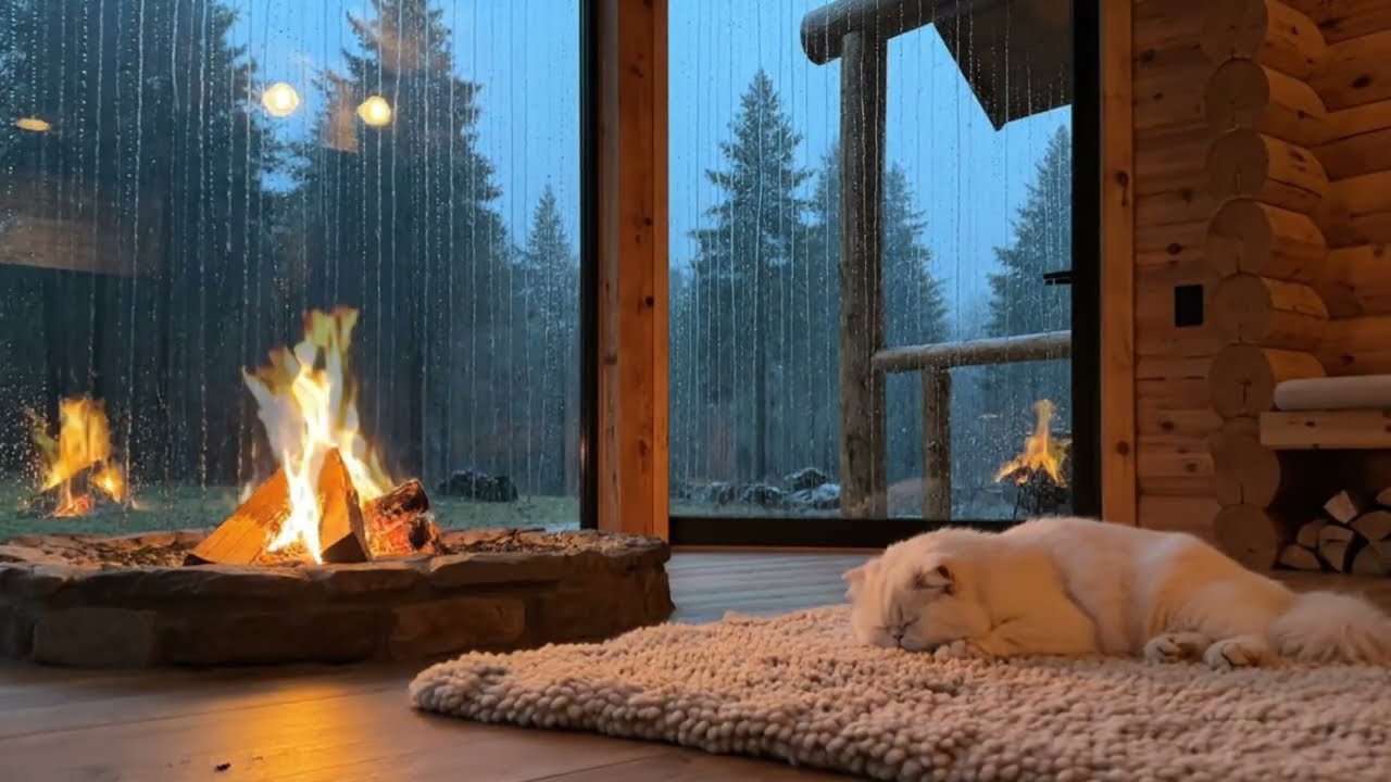 🌧️ Sleep Better & Relax Deeply | Rainy Cabin Fireplace Ambience with Peaceful Sleeping Cat