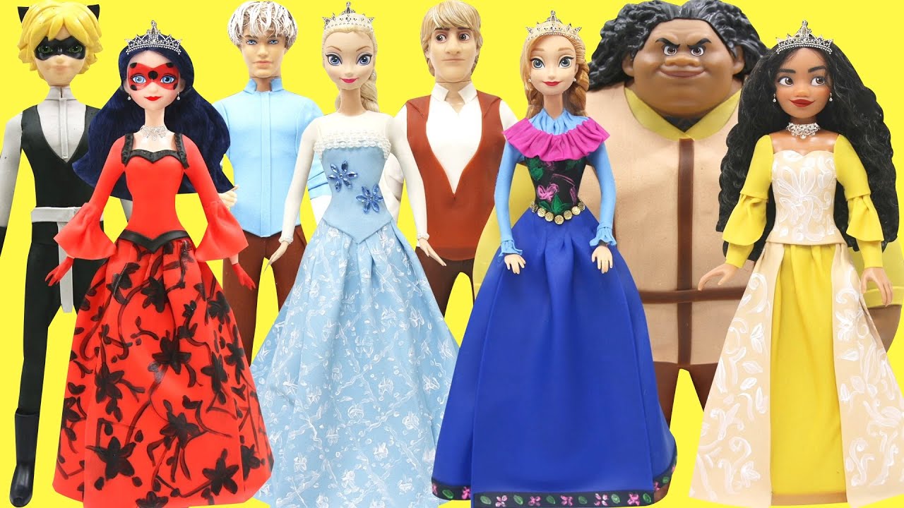 Play Doh Dresses for  Disney Princess Moana Elsa Anna & Ladybug I Cat Noir Maui Jack Frost