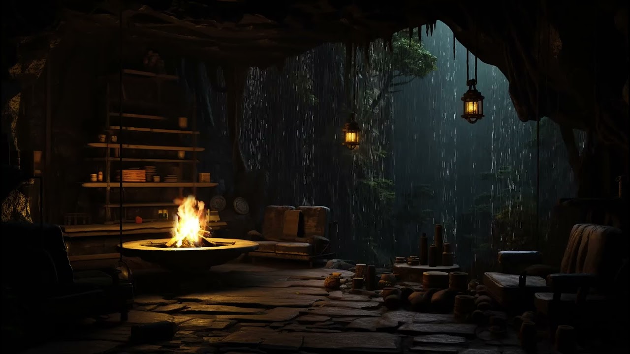 Echoing Rain and Thunder in Cave 🌧️ Fireplace Sounds for Deep Sleep and Mental Stress Recovery