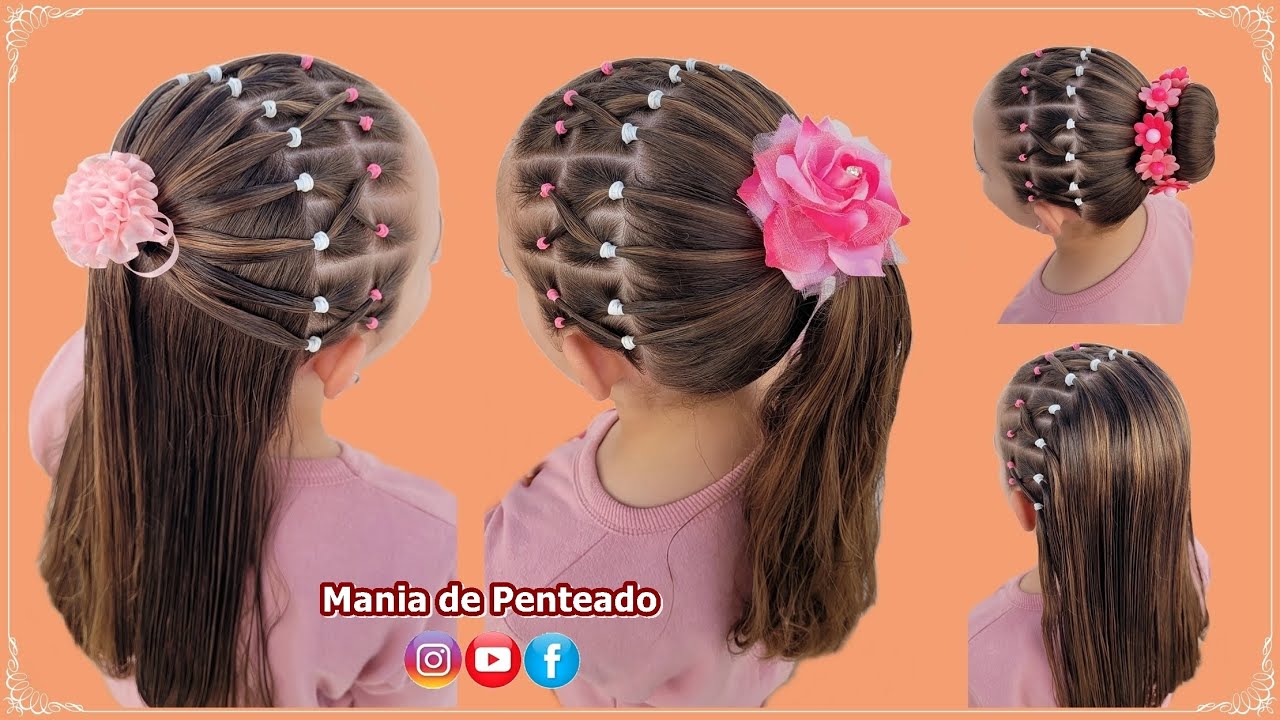 4 em 1 Penteado Infantil Fácil com Liguinhas | 4 in 1 Easy Hairstyle with Rubber Bands for Girls 😍🥰