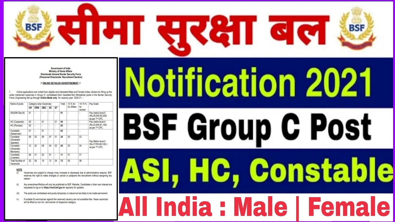 BSF Group C New Recruitment 2021 | bsf new vacancy 2021 | bsf full details video| bsf group c bharti