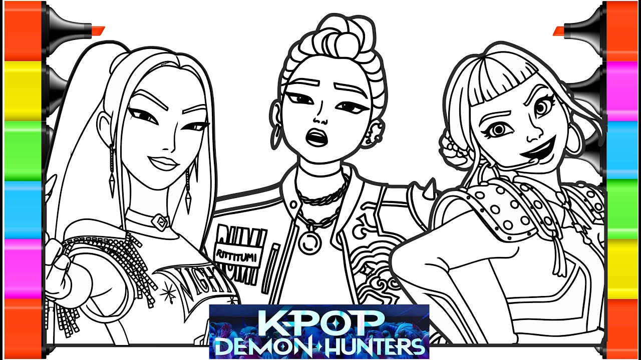 Satisfying Coloring - Rumi, Mira, Zoey characters / KPop Demon Hunters Coloring Pages