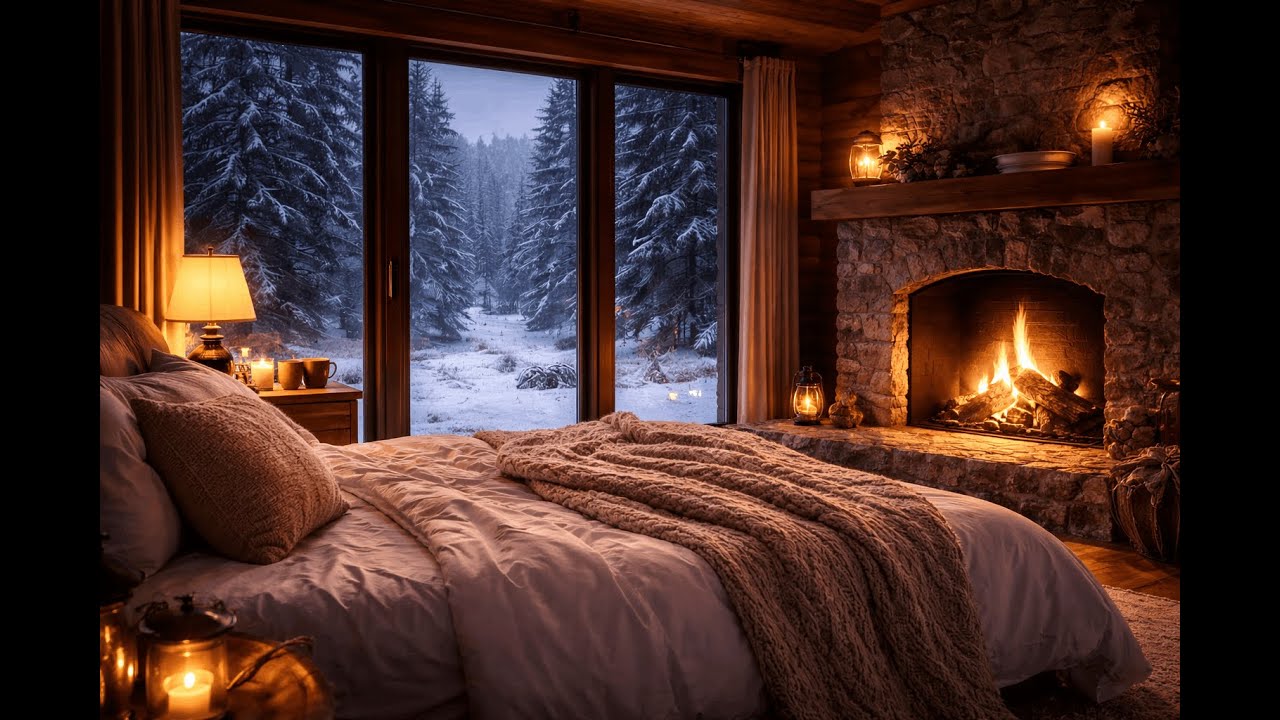 Cozy Snowy Cabin Bedroom with Fireplace Ambience 1 Hour