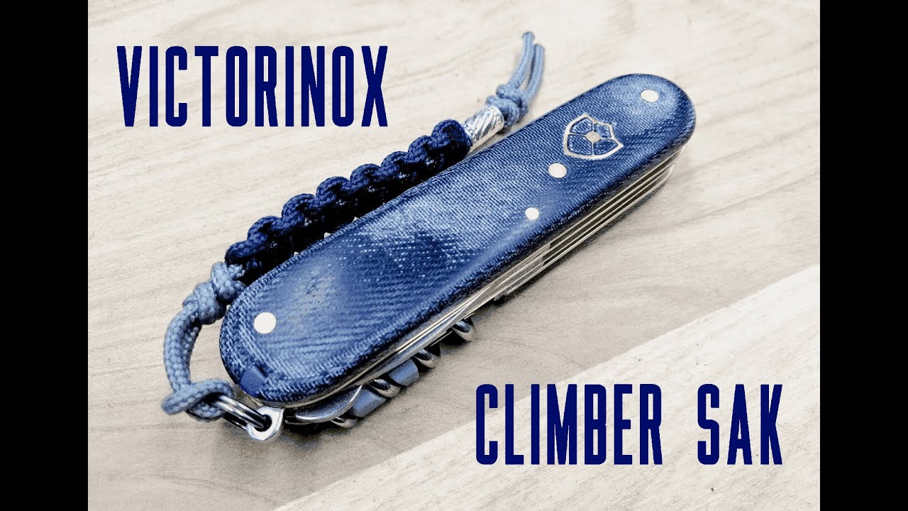 Victorinox Climber in denim micarta scales and brass liners.