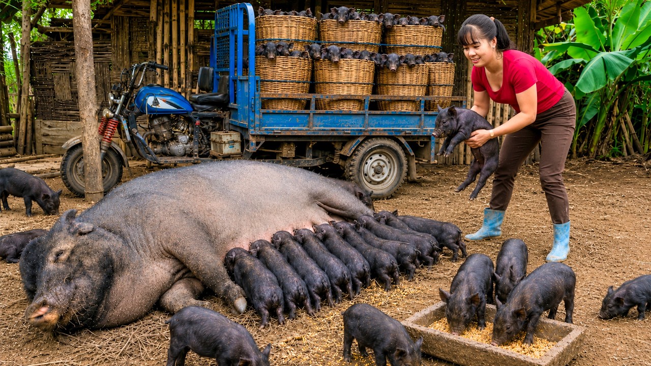 Mother Pig Gives Birth to 30 Healthy Piglets | Selling By 3-Wheel Truck - خنزيرة تلد 30 خنوصاً
