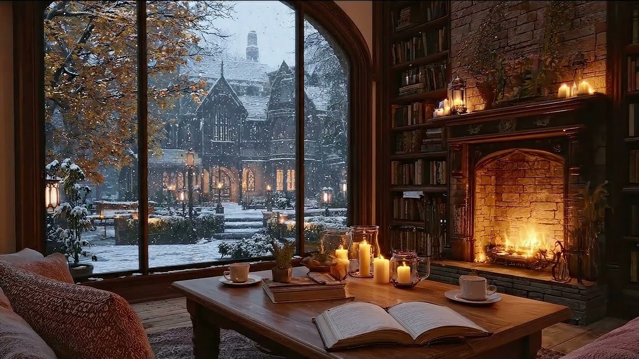 Peaceful Winter Coffee Shop ❄️ Warm Jazz Piano & Crackling Fireplace Sounds for Study & Work