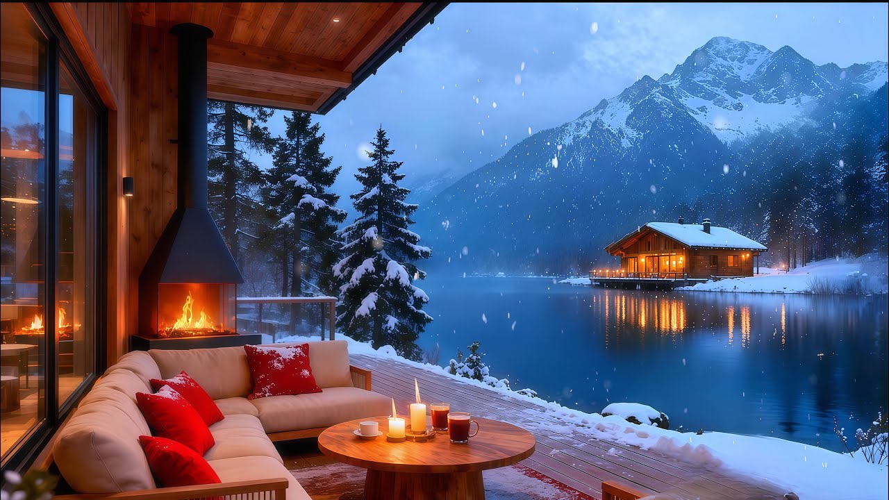 ⛄Relaxing Winter Ambience ,Outdoor Coffee Shop with Warm Piano Jazz Music & Gentle Snowfall to Study