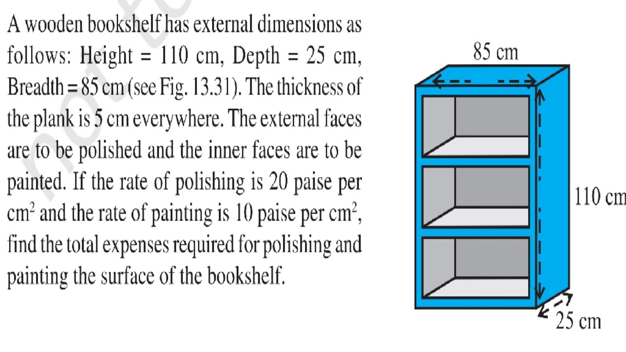 A wooden bookshelf has external dimensions as follows: Height = 110 cm, Depth = 25 cm, Breadth = 85