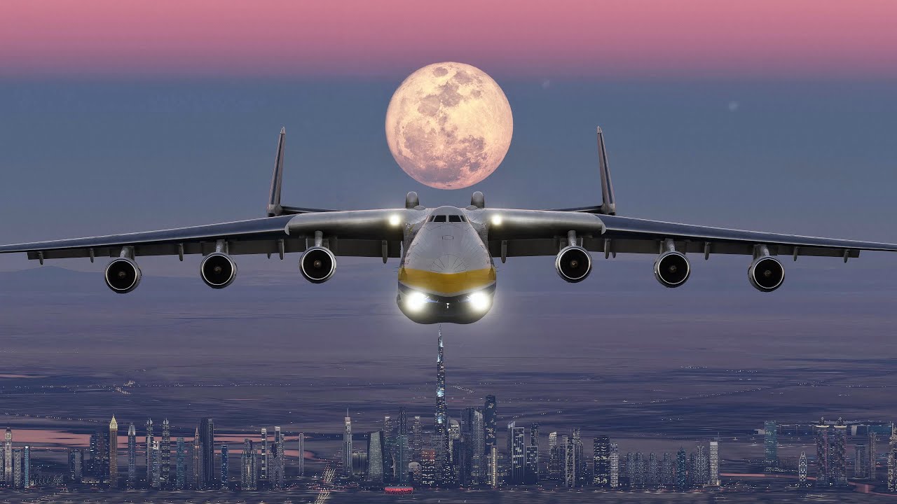 An-225 transport aircraft flying under the full moon