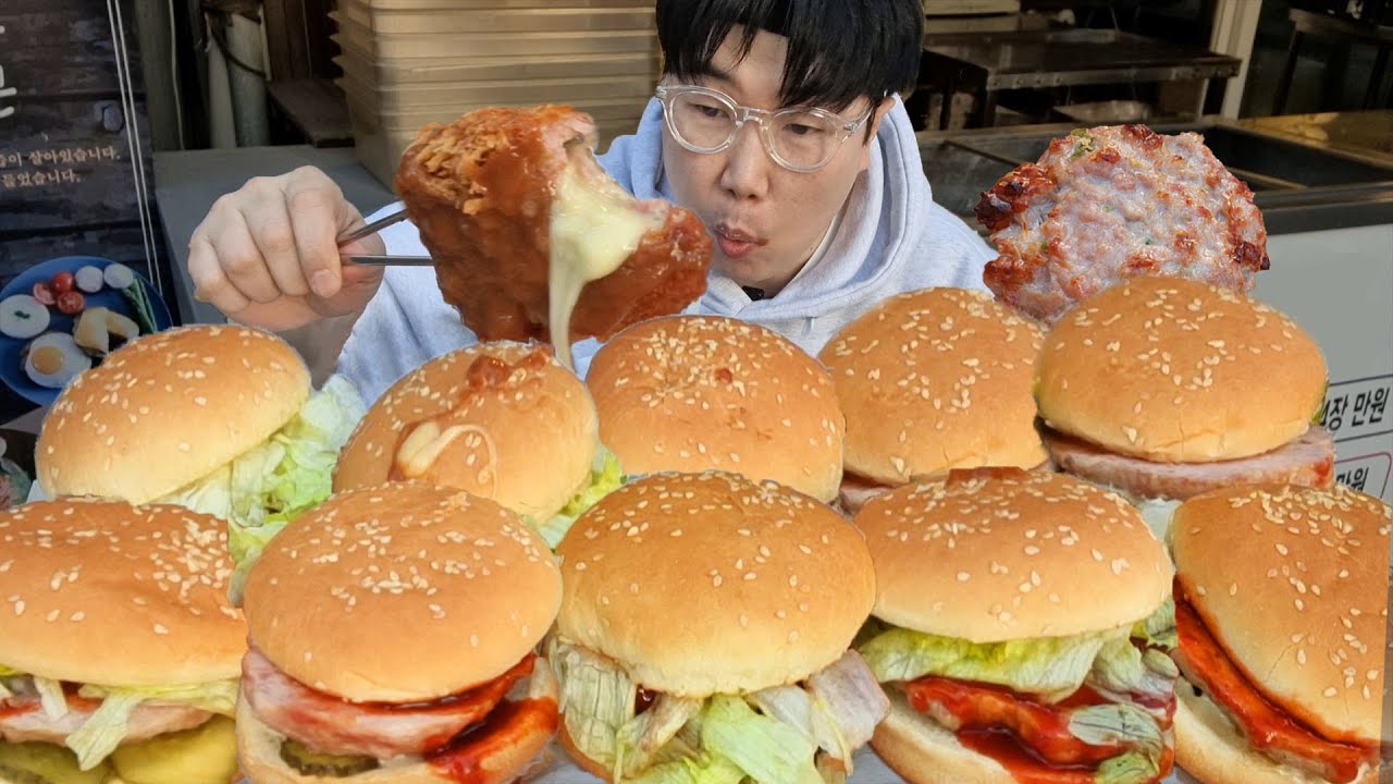 길거리 수제떡갈비버거 2천5백원!!떡갈비 치즈돈까스까지 10개 묵자!!