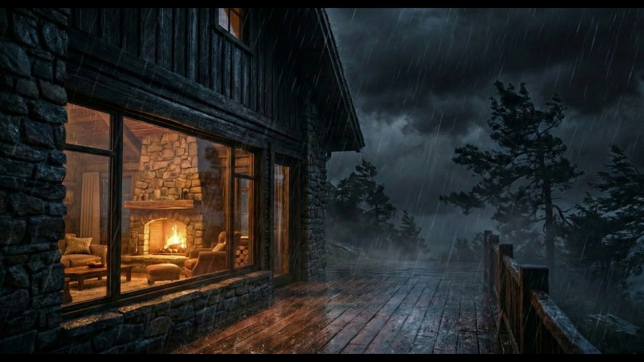 Cozy Cabin in Heavy Rainstorm | Fireplace Glow & Lake Rain Sounds (4 Hours Ambience)