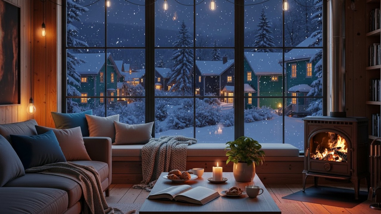 Cozy Winter Night Jazz Piano ❄️ Relaxing Fireplace Ambience & Soft Snowfall for Study, Sleep & Relax