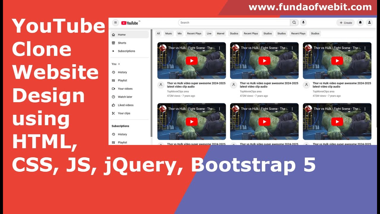 YouTube Clone Website Design using HTML, CSS, JS, jQuery, Bootstrap 5