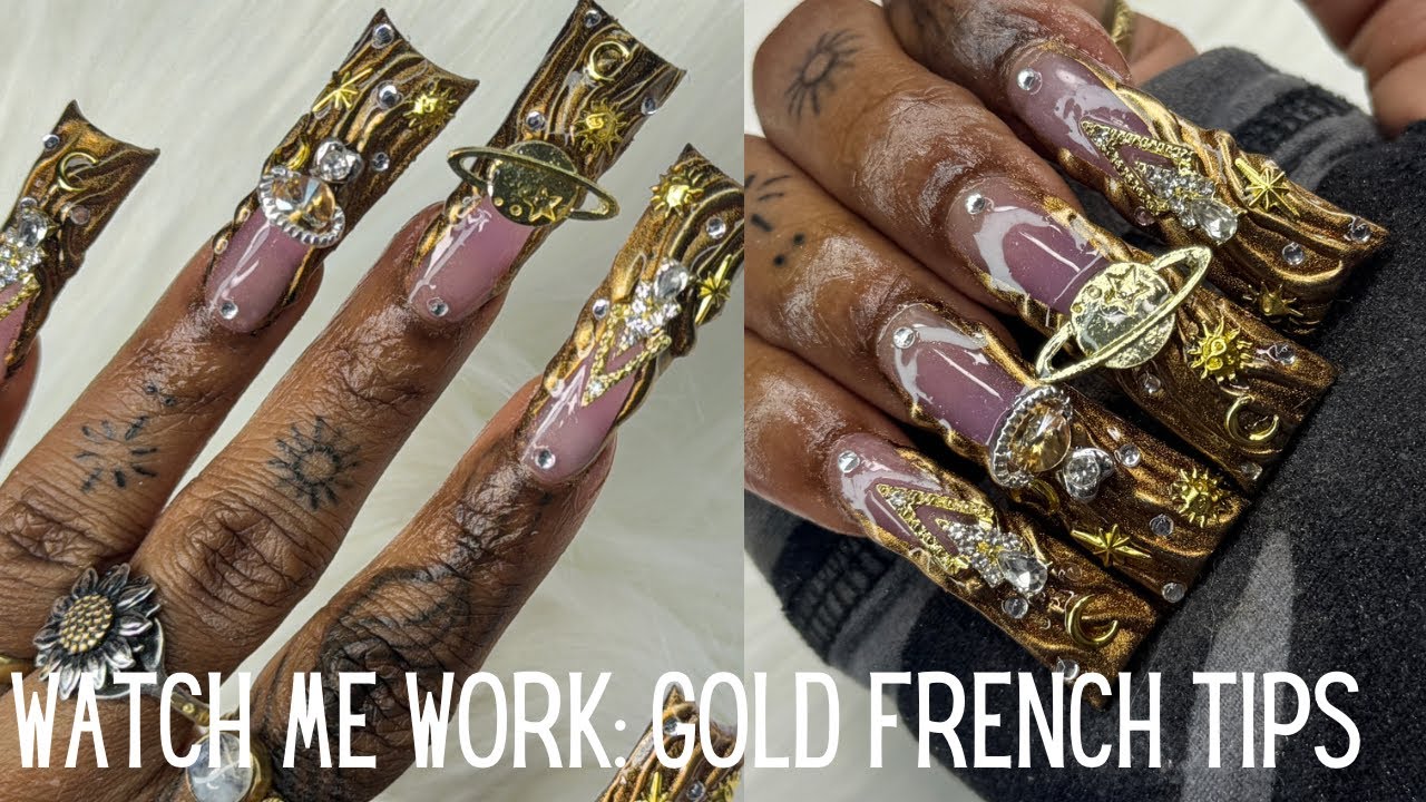 WATCH ME WORK: GOLD FRENCH TIP NAILS | FEMI BEAUTY METHOD ( LAZY GIRL METHOD ) DUCK NAILS