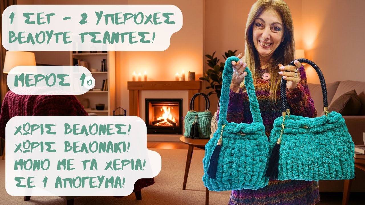 1 Σετ - 2 Υπέροχες Βελουτέ Τσάντες!  Χωρίς Βελόνες! Χωρίς Βελονάκι! Μόνο με τα χέρια! Σε 1 Απόγευμα!